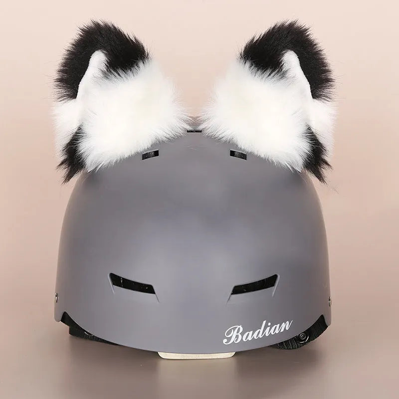Soft plush cartoon character cover on a motorcycle helmet, showing size M and decorative ear sections.