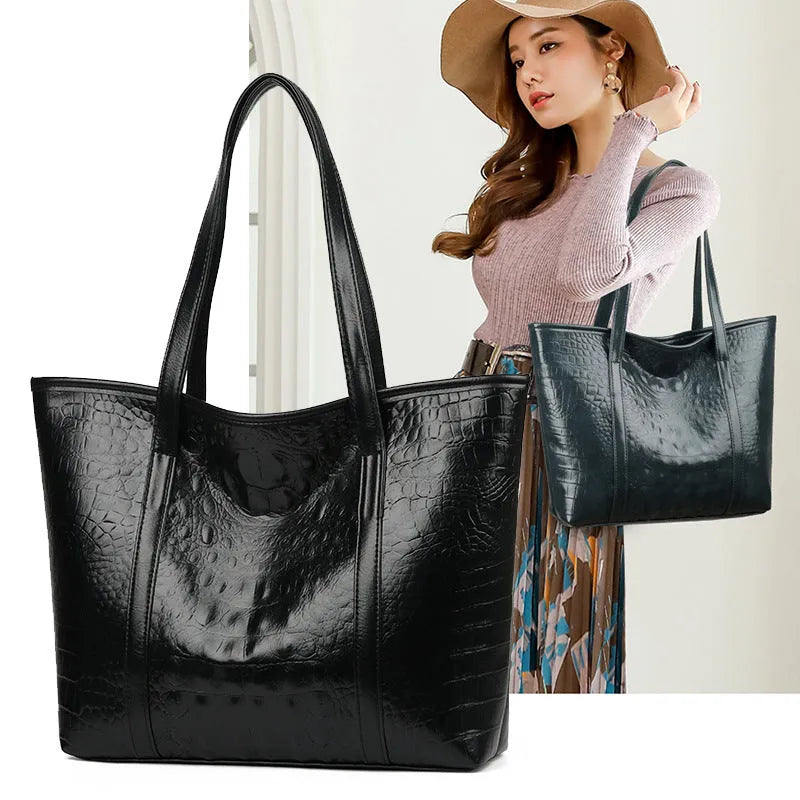 Women's soft PU leather large capacity shoulder bag with crocodile pattern, dark blue colour