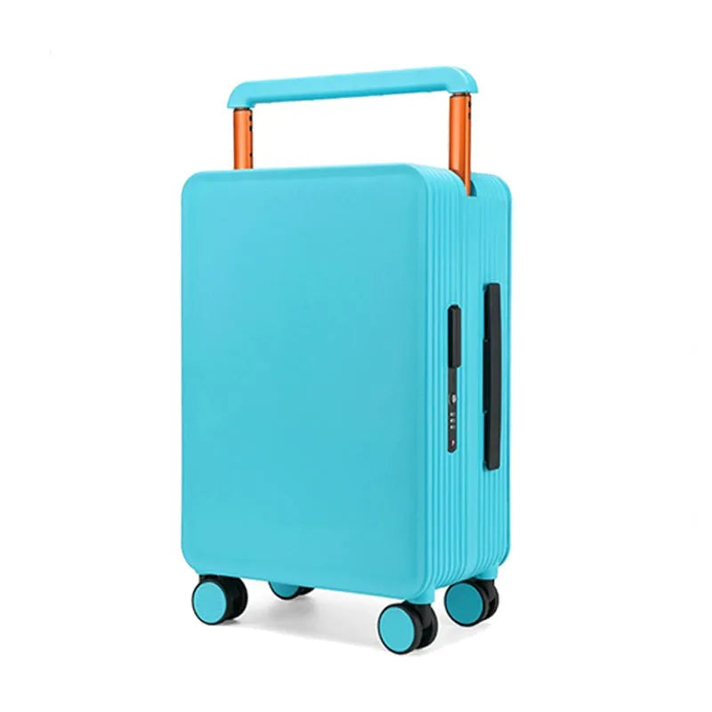 20 inch PC hard shell suitcase with wide draw-bar pull rod, universal wheels and solid macaron colour finish