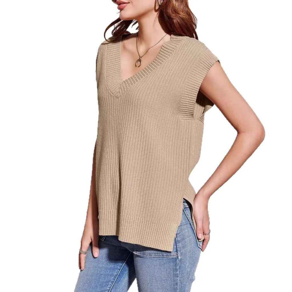 Camel coloured v-neck sleeveless pullover vest with loose fit and stripe pattern