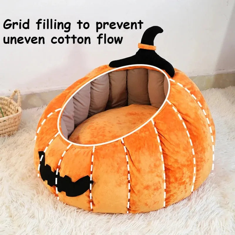 Halloween pumpkin-shaped pet bed with cartoon devil design for cats and small dogs