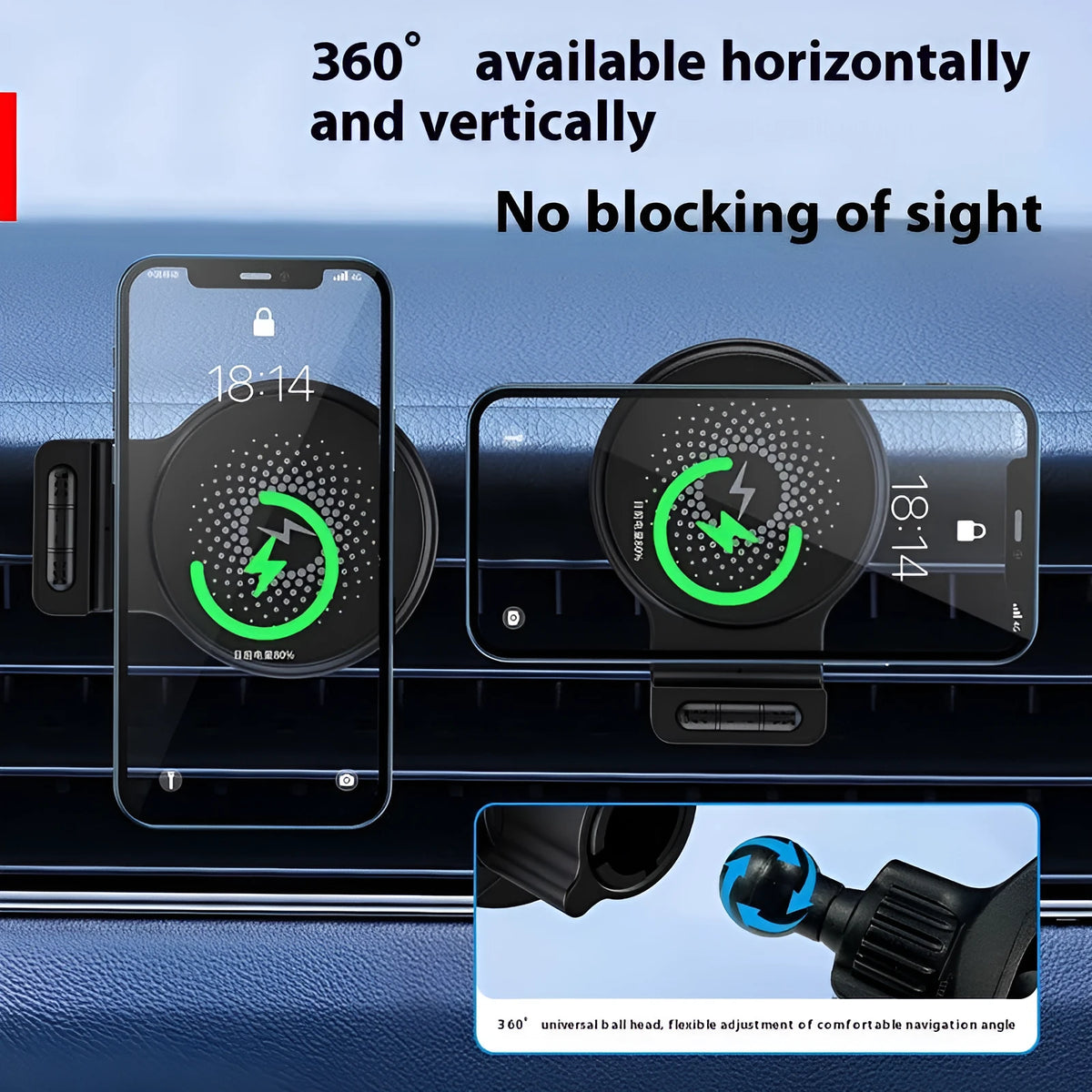 Car magnetic wireless charger 15W bracket W5 black, compact 6.2x8.7x8.3cm for 10V-32V vehicles