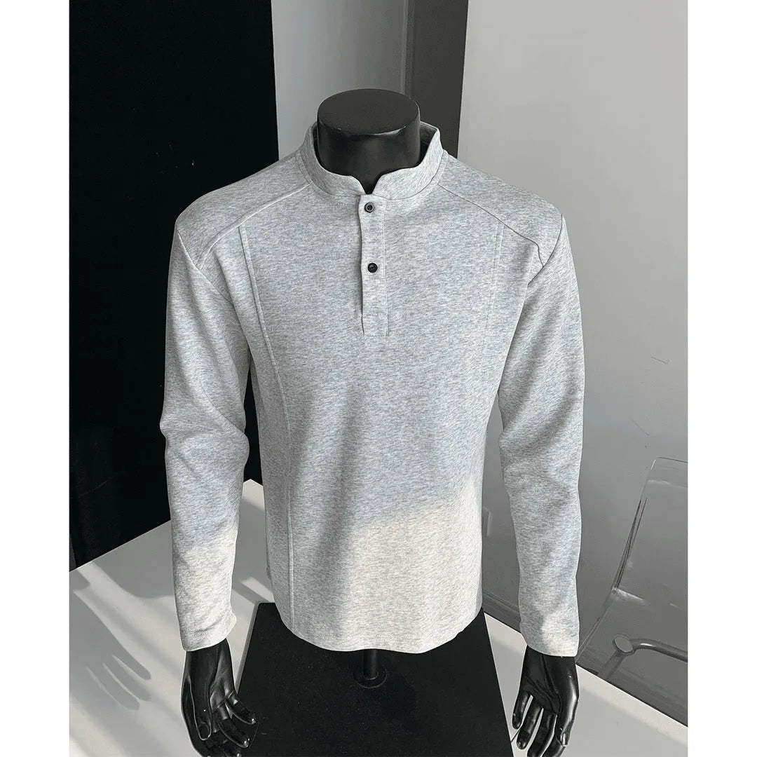 Men's patchwork stand-up collar polo shirt in cotton fabric with asymmetric design