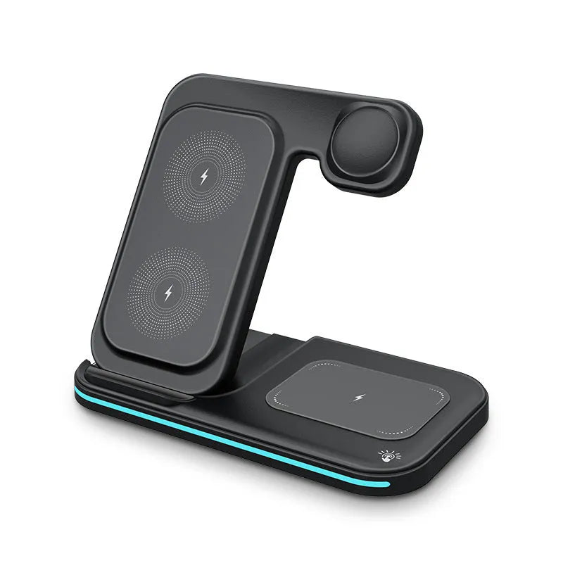 Wireless foldable fast charger in black charging a phone, headset, and watch on a desk