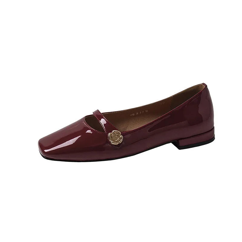 Wine red French low heel chunky heel pumps with square toe and microfiber upper