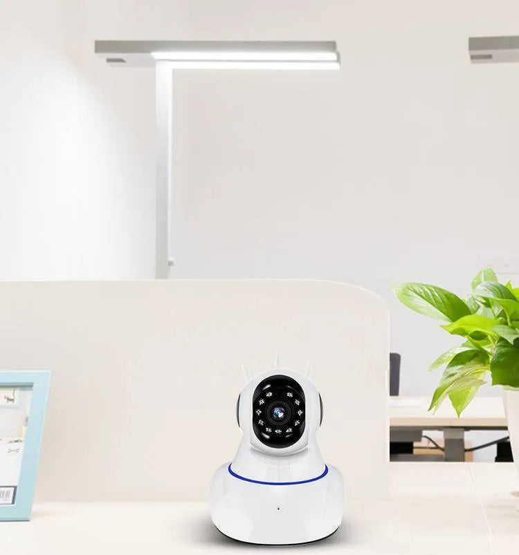 White dome-shaped wireless security camera for indoor and outdoor HD surveillance.