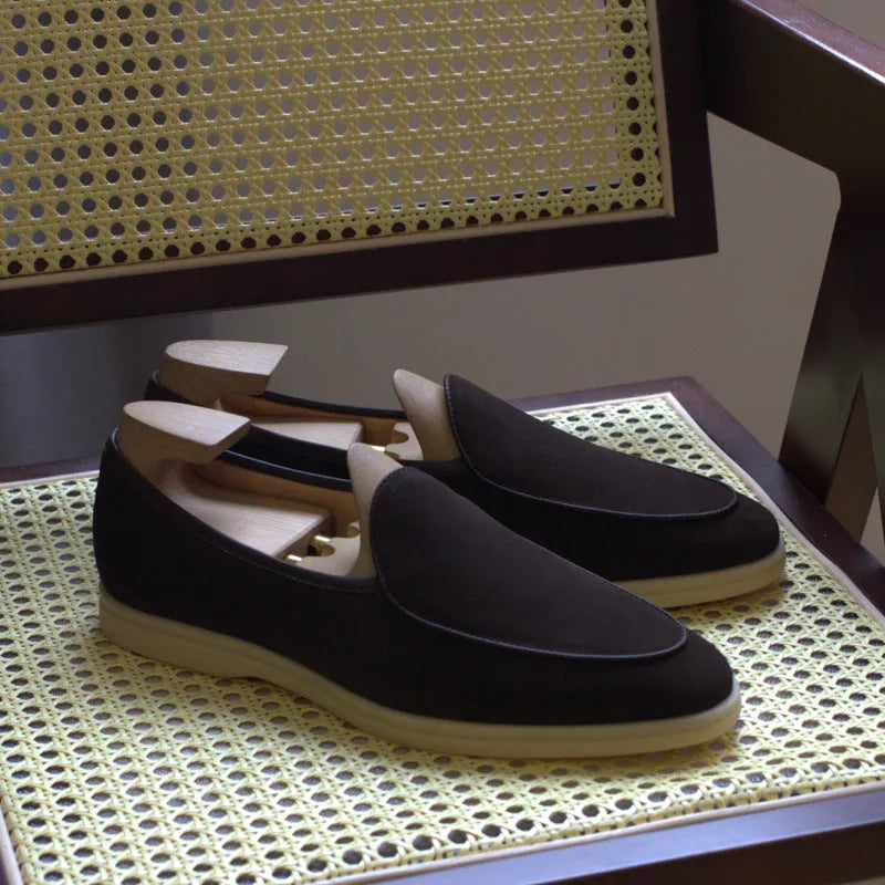 Men's handmade leather loafers in brown with a low tube design and TPR sole