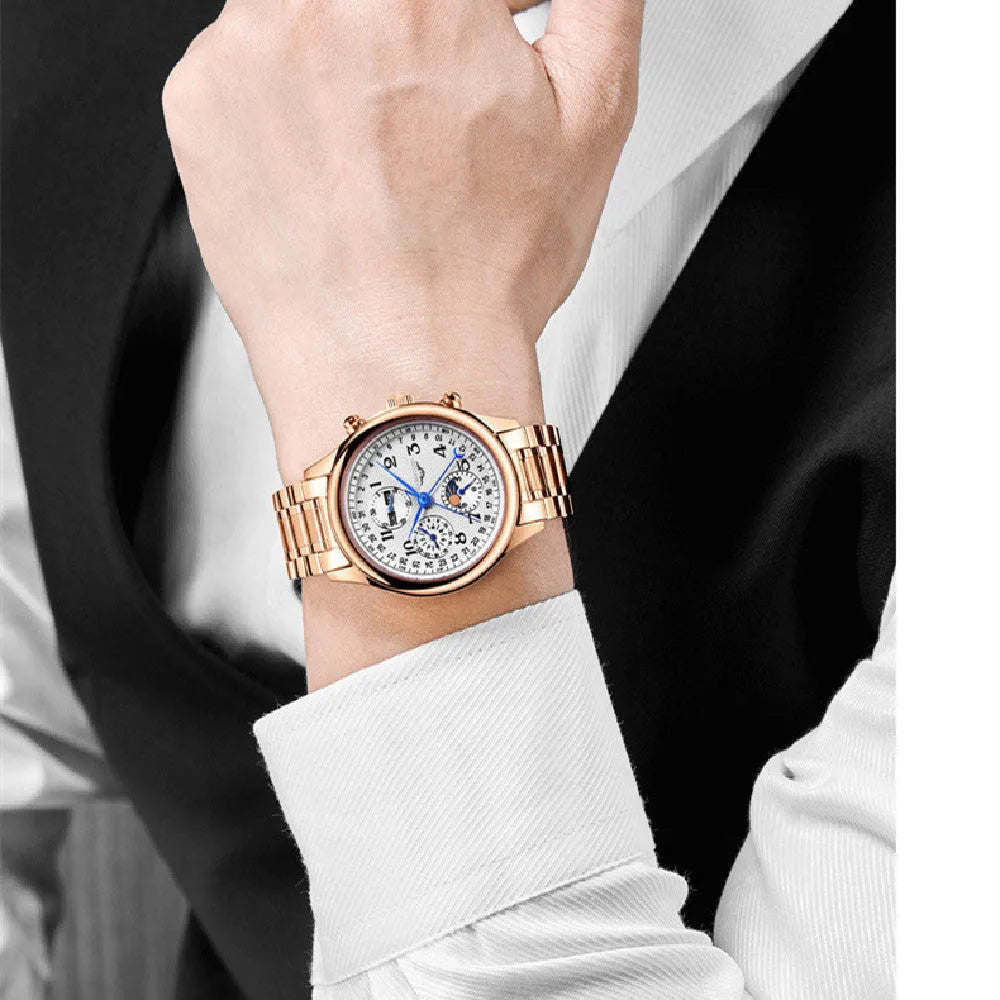 Men's black dial perpetual calendar mechanical watch with leather strap showing moon phase display