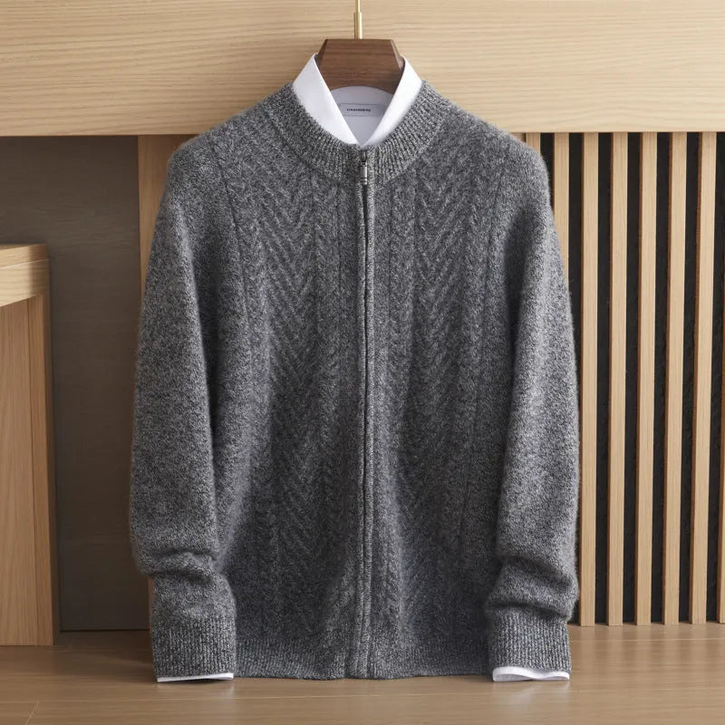 Pure cashmere thick twisted cardigan in dark blue for men, light luxury style