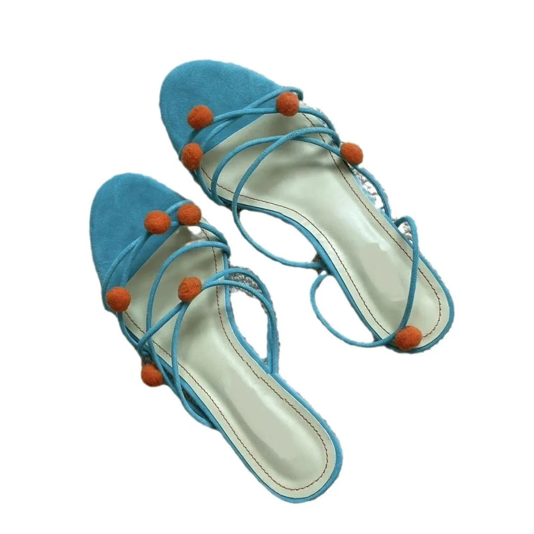 Cyan women's leather high-heel sandals with lace-up straps and ball decoration