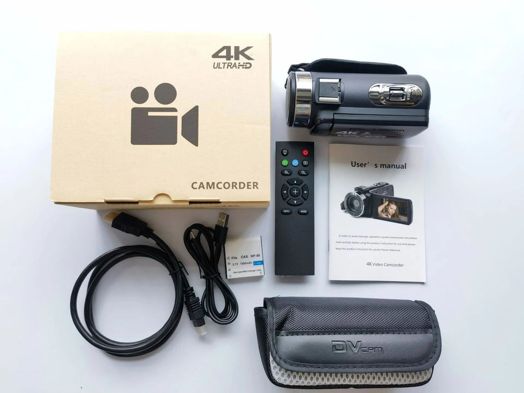 Black WIFI digital HD night vision camera with 3-inch screen showing menu, beside its included lens cover and remote control.