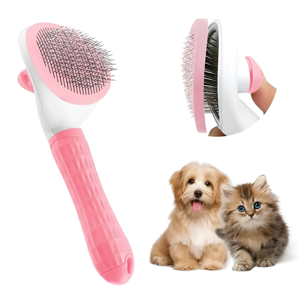 Blue, grey, and pink cat grooming brush with a release button for removing pet hair.