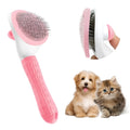 Blue, grey, and pink cat grooming brush with a release button for removing pet hair.