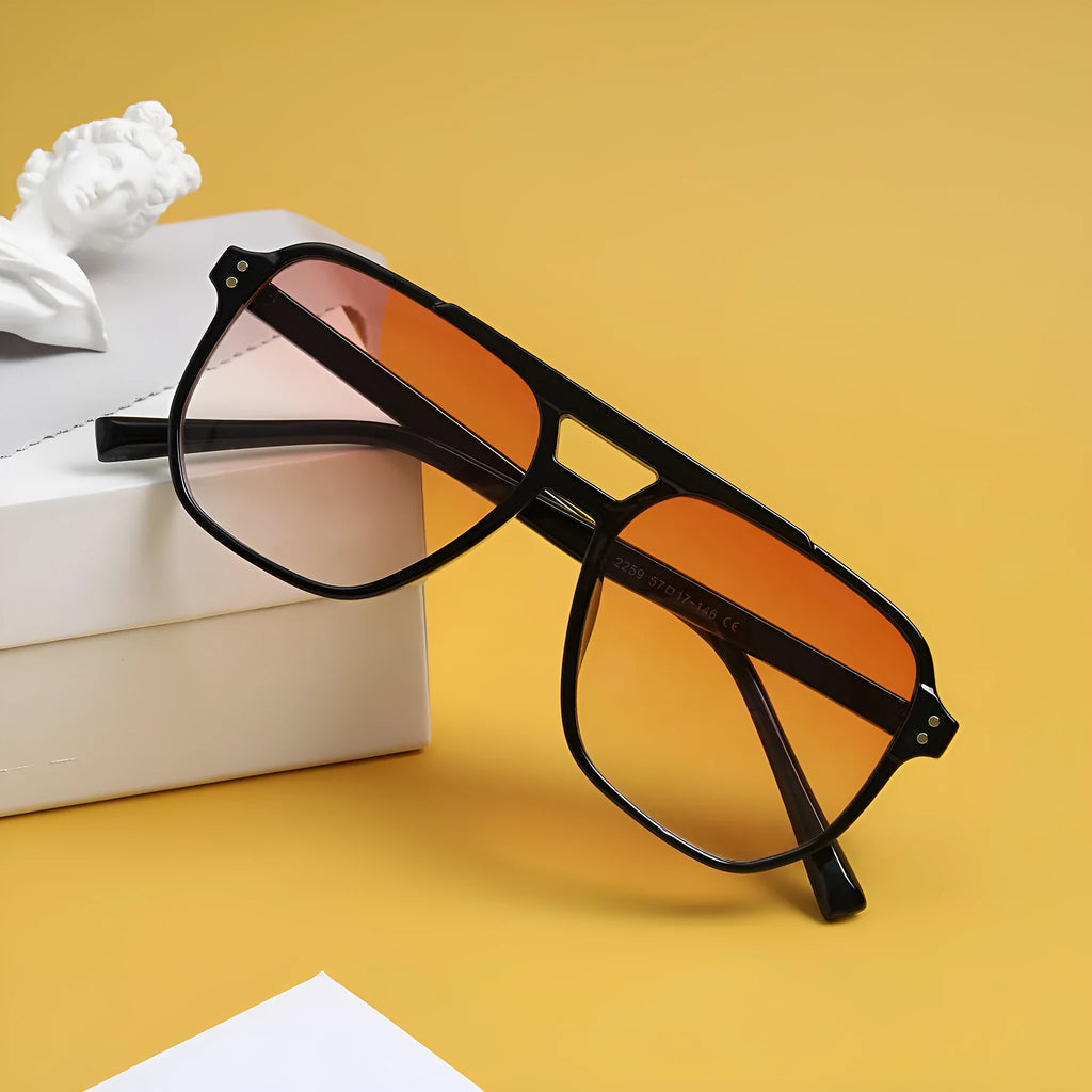 Square double beam sunglasses for women in black frame with pink lens, showing full frame design.