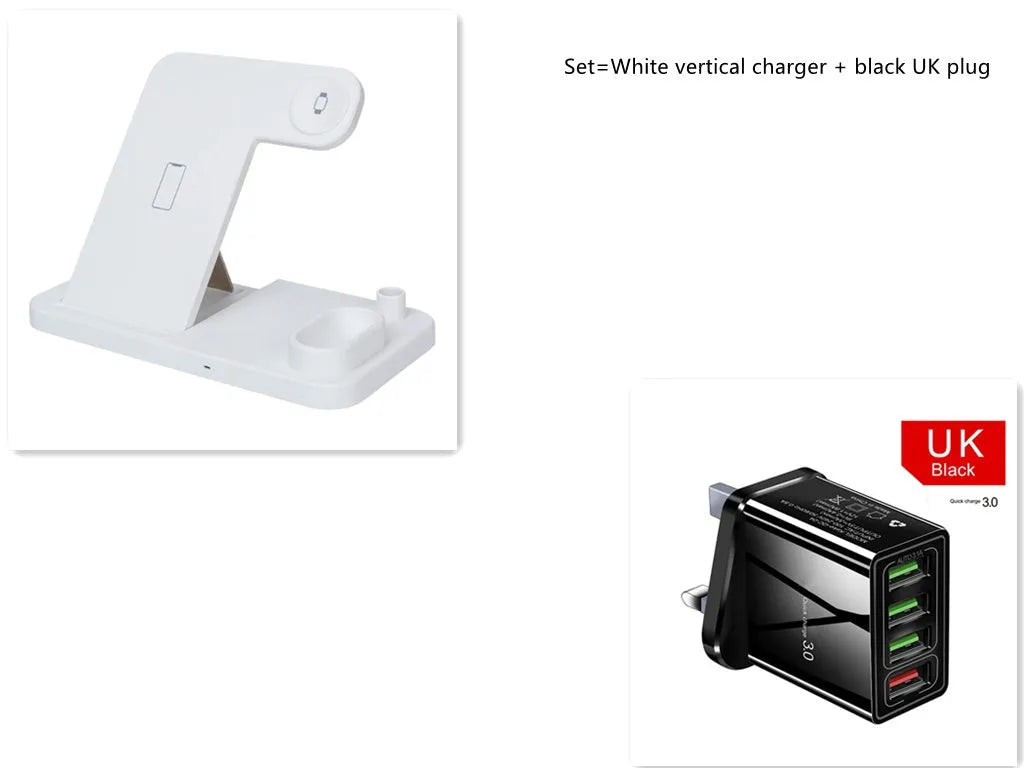 4-in-1 adjustable wireless charging station charging a phone, Apple Watch, and AirPods.