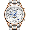 Men's black dial perpetual calendar mechanical watch with leather strap showing moon phase display