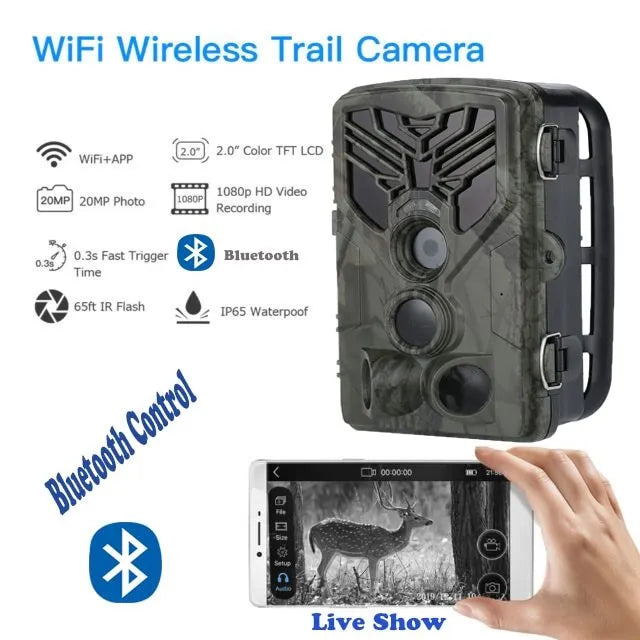WiFi830 hunting camera with camouflage design showing display screen and lens