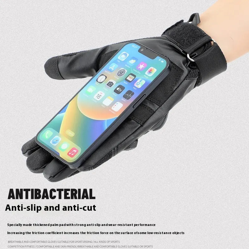 Men's black tactical training gloves with touch screen fingertips on a hand.