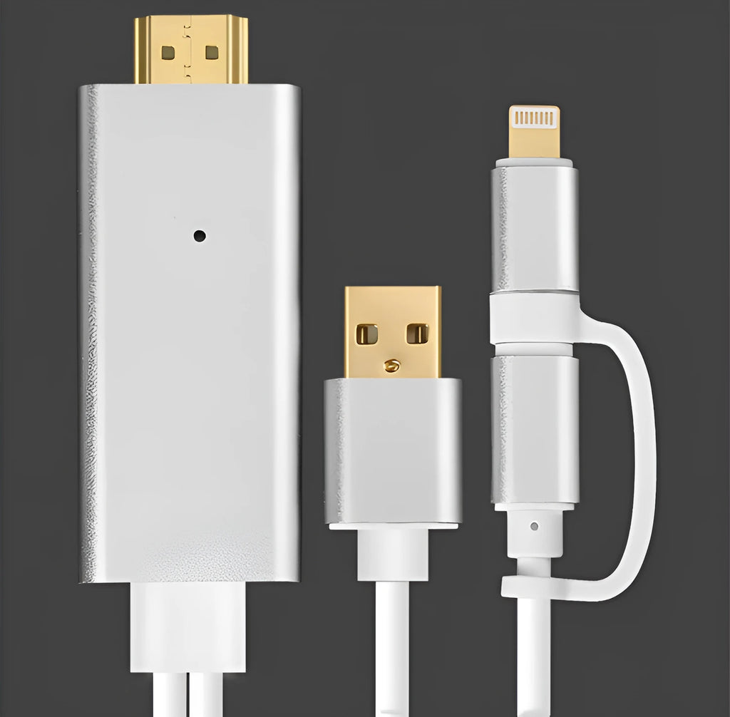 2 in 1 plug-and-play cable with HDMI interface, 2 metre length, silver colour