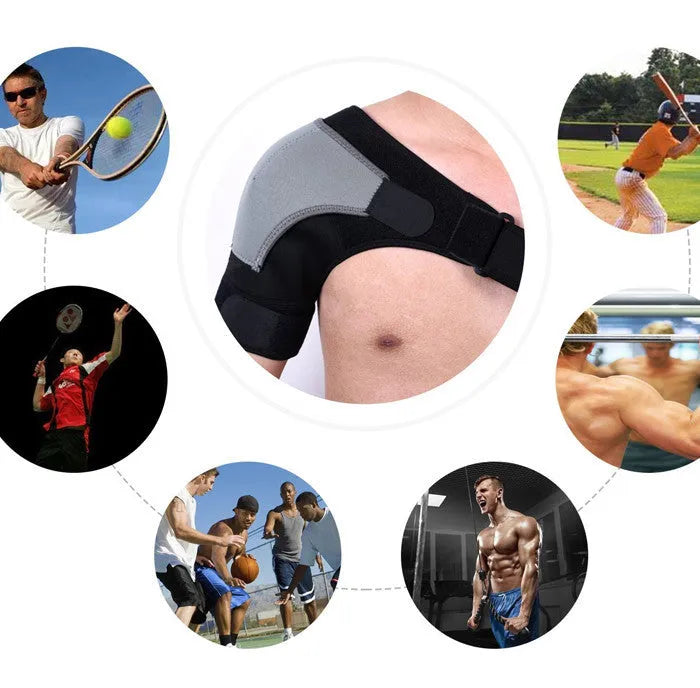 Black neoprene shoulder brace for rotator cuff support with adjustable elastic strap