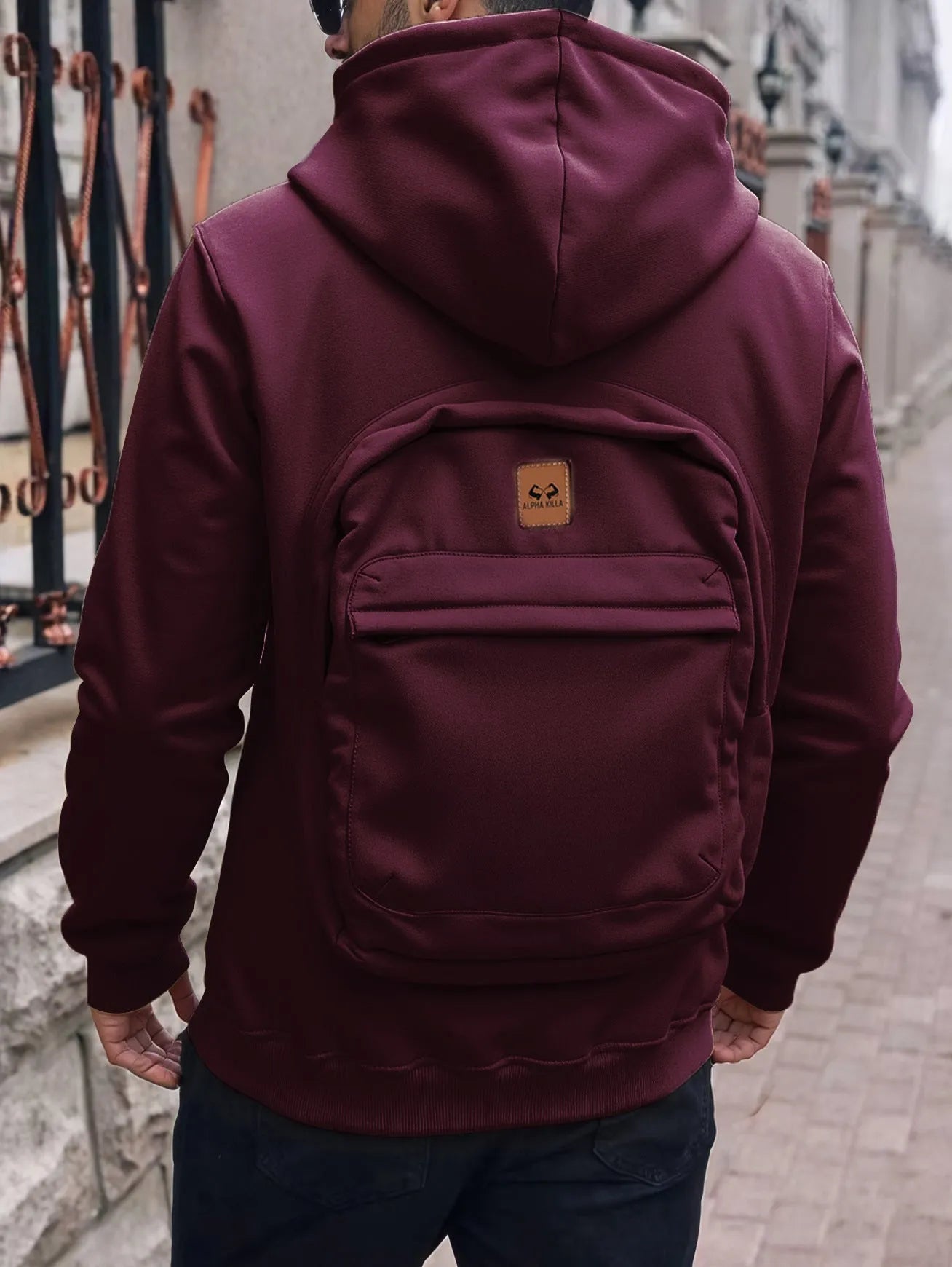 Casual loose-fitting hoodie cardigan back schoolbag sweater for men in light gray with stick pocket