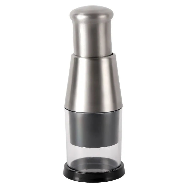 Black manual garlic press with stainless steel blades for chopping vegetables and onions