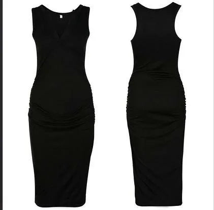 Sleeveless maternity dress with deep V-neck in solid black or grey polyester for pregnant women