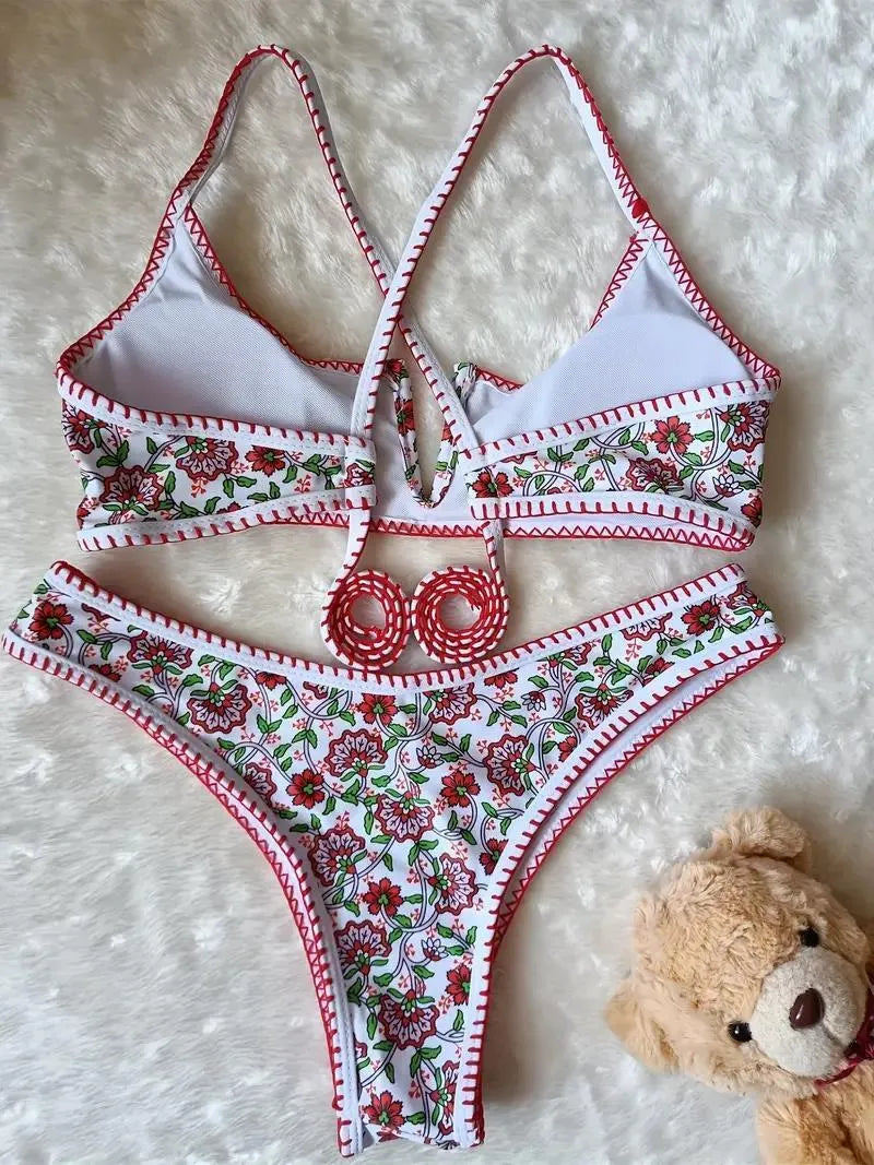 Women's V-neck embroidered swimsuit with floral print in briefs style