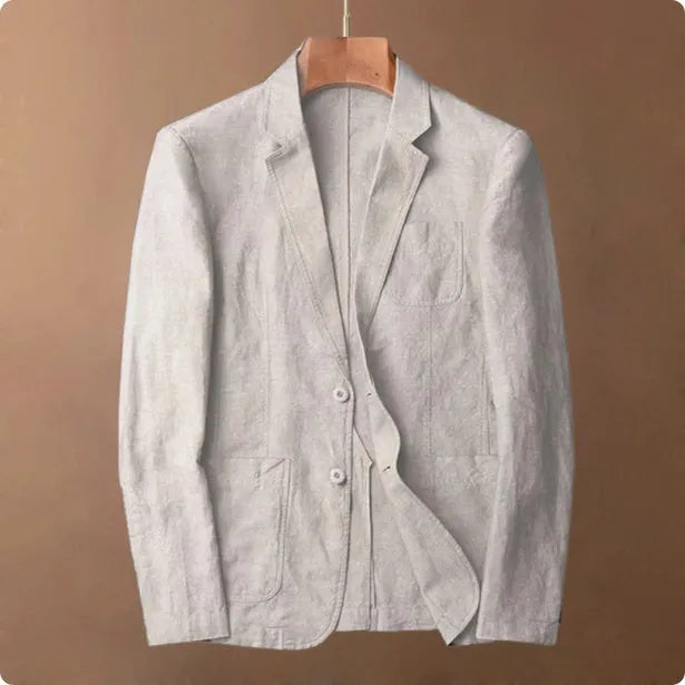 Men's thin solid-colour linen suit coat with notch lapel and chest pocket on a hanger.