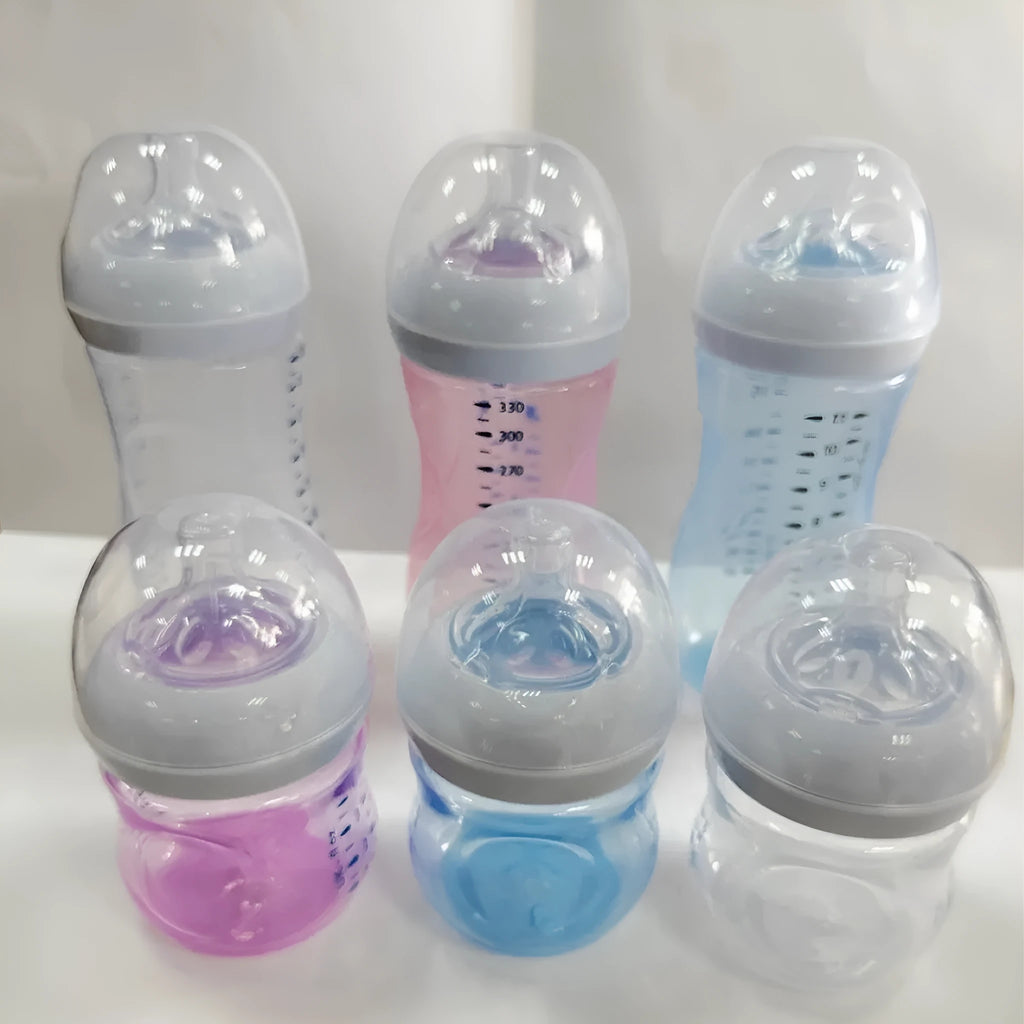 Petal nipple baby feeding bottle in transparent, pink purple, or light blue, 125ml or 330ml