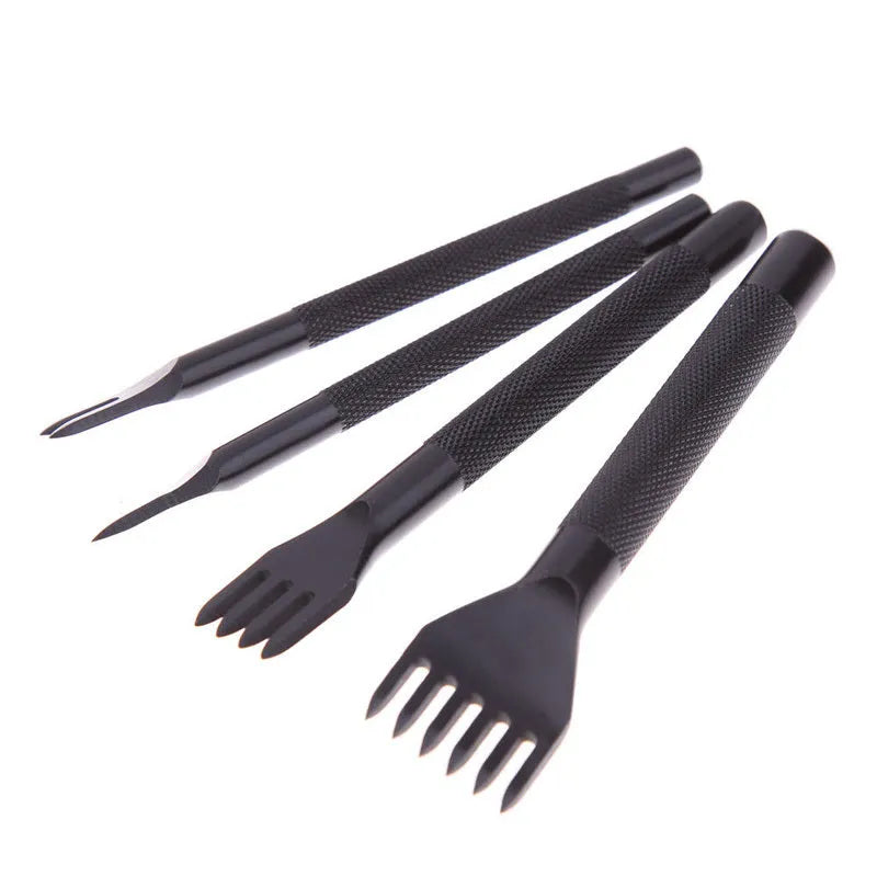 Black leather punch tool with diamond teeth, 3mm pitch, on a workbench