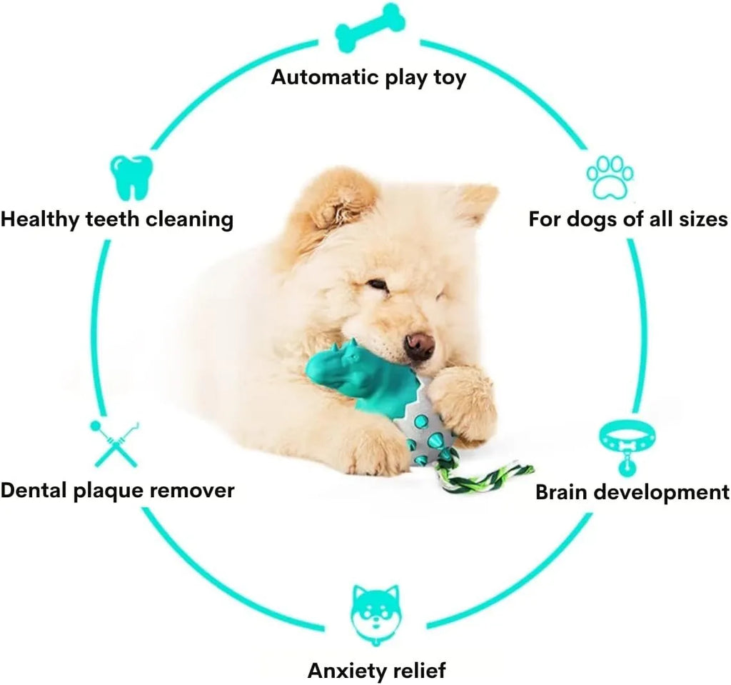 Blue dinosaur-shaped dog chew toy with rope attached for tug games