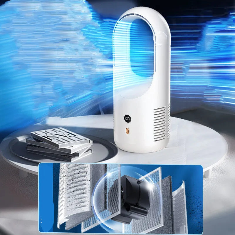White bladeless desk fan with LED display on a wooden desk