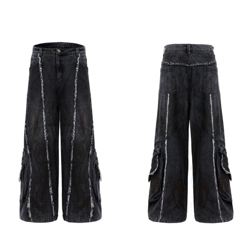 Loose fit distressed denim coat with splash-dye gradient pattern and matching black trousers