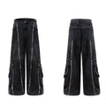Loose fit distressed denim coat with splash-dye gradient pattern and matching black trousers