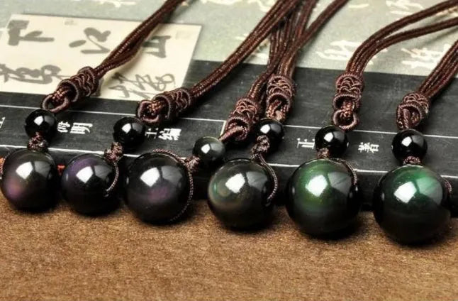 Natural obsidian rainbow eye transfer bead pendant necklace on polyester rope chain, 46cm length