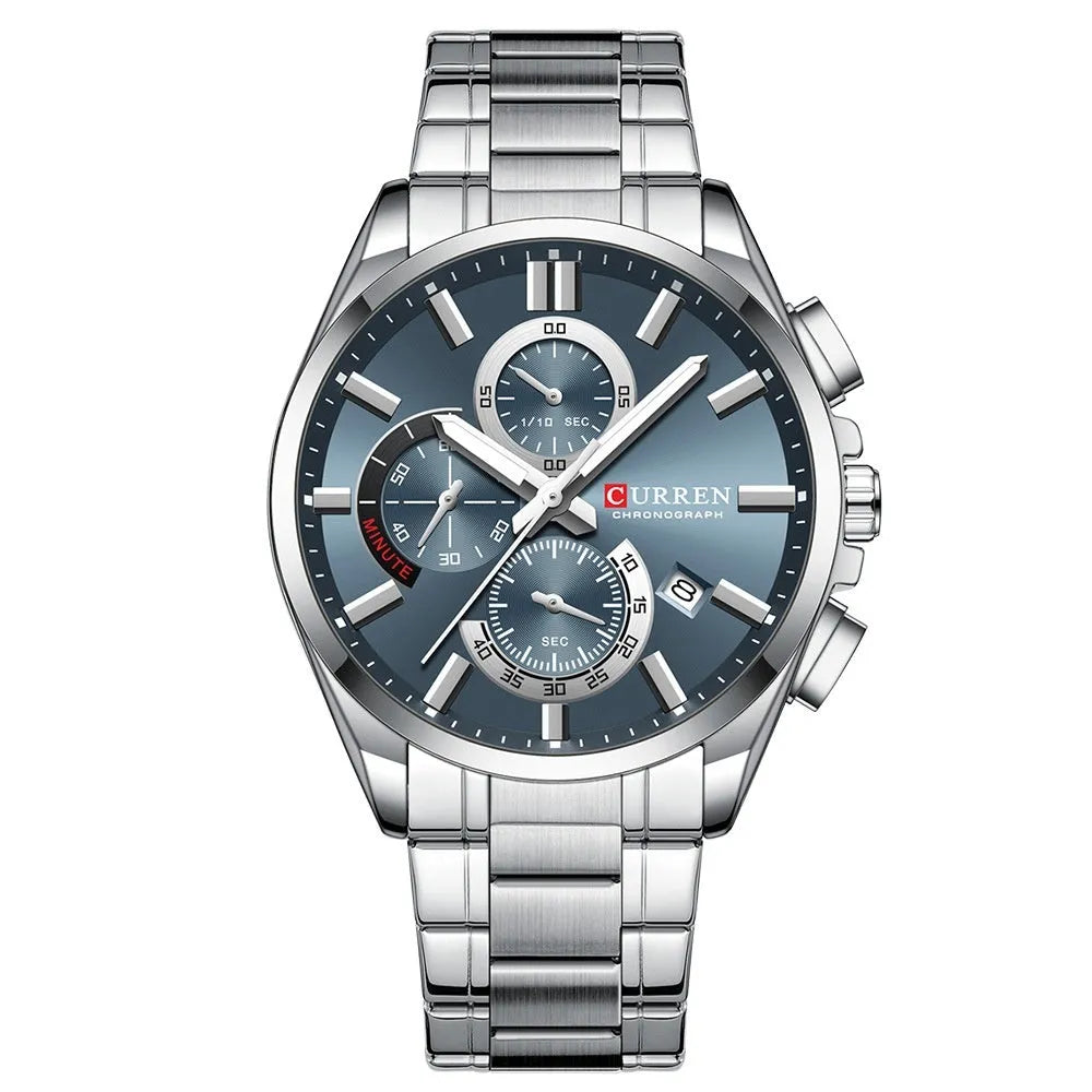 Men's steel strap watch with 4.4cm dial, alloy case, waterproof six-pin timing, and folding buckle