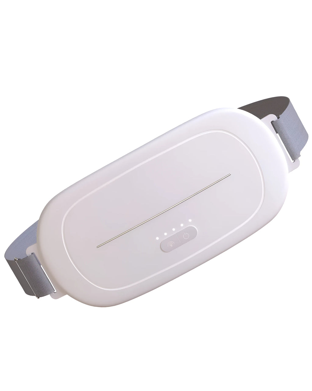 White fabric uterine warming device showing flexible design for abdominal placement.