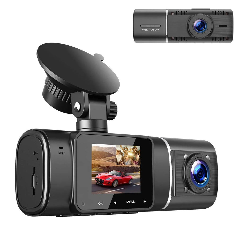 Standard black 1080p dash cam for cars with front and rear recording.