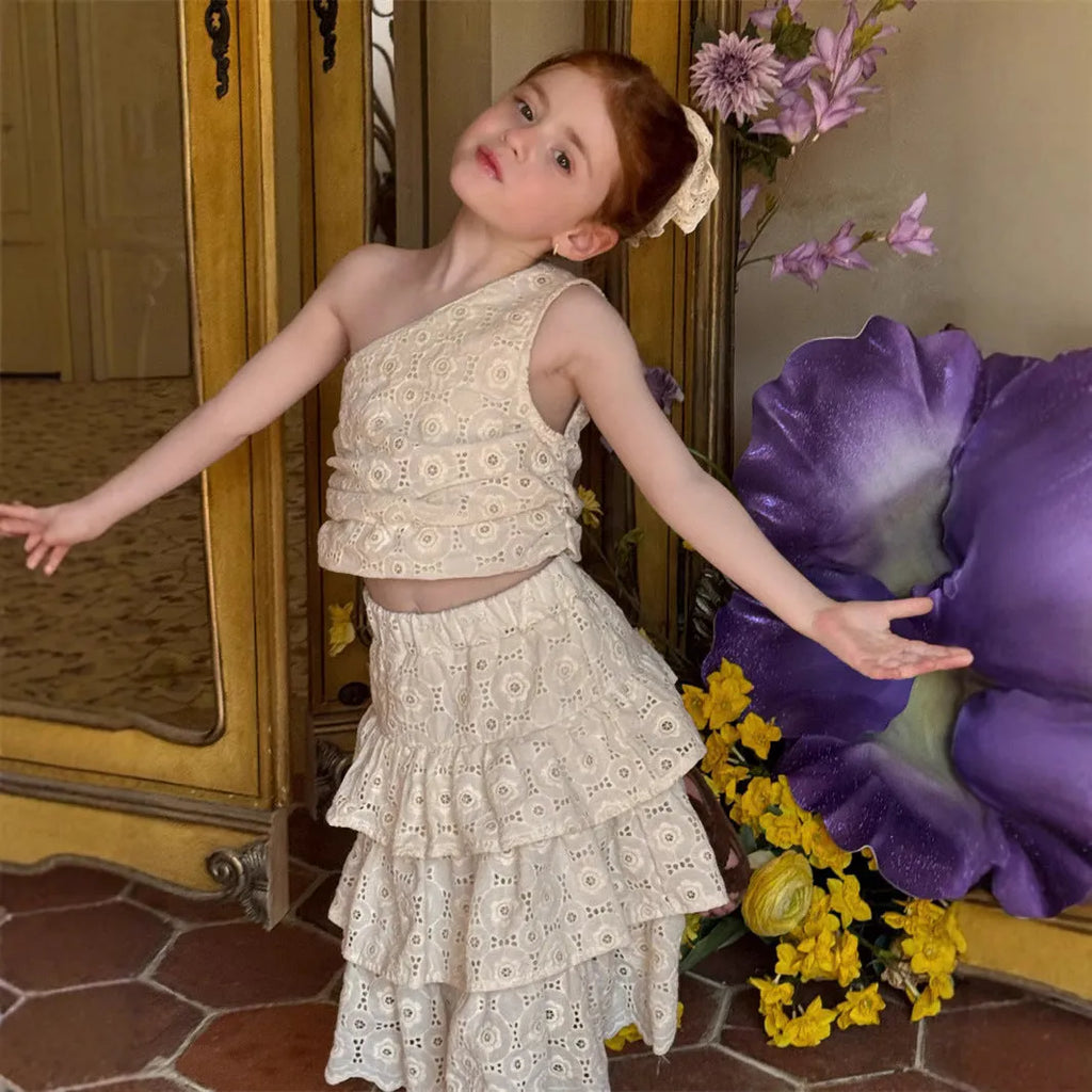 Girls' milky white cotton summer dress set with floral embroidery and oblique shoulder strap, sleeveless cake dress
