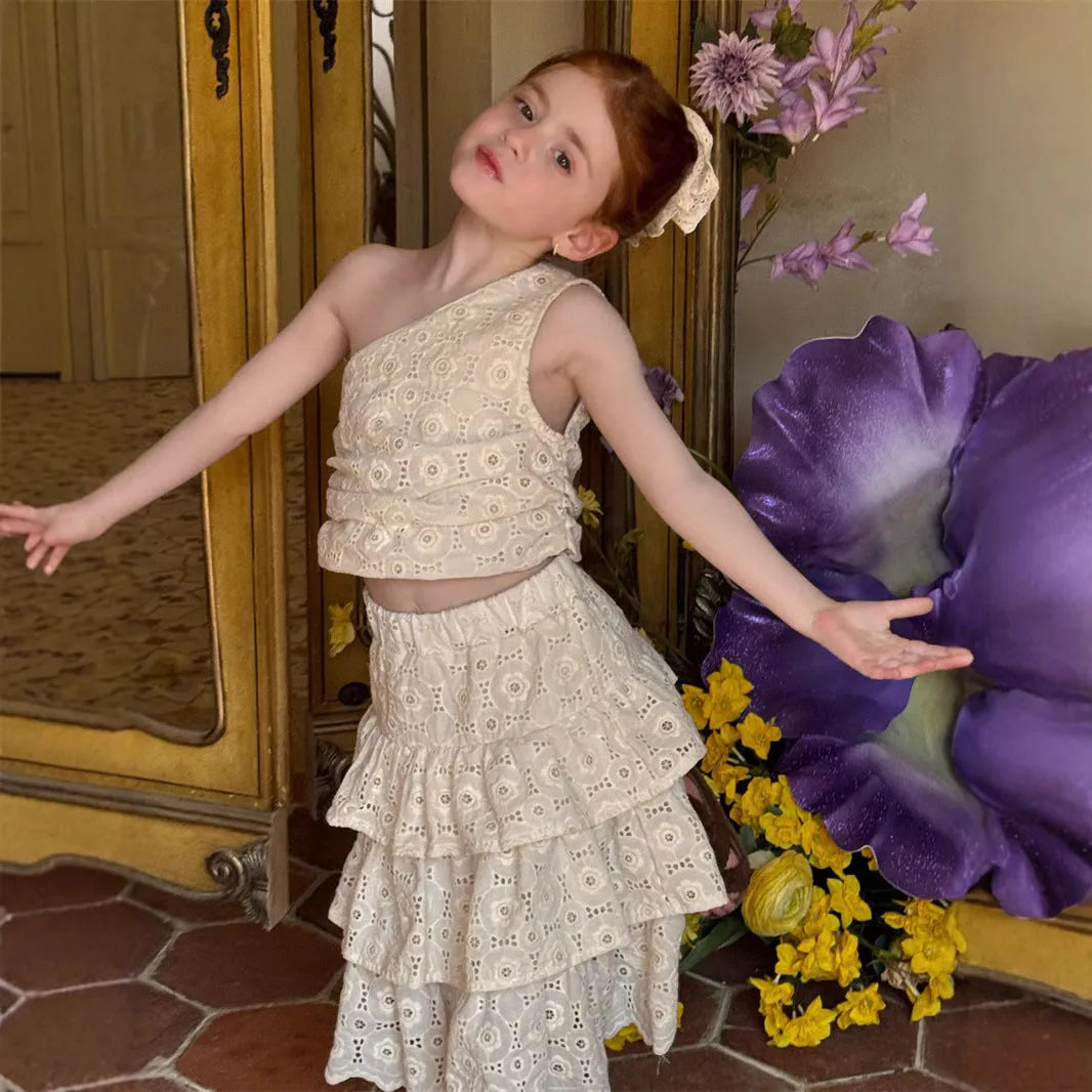 Girls' milky white cotton summer dress set with floral embroidery and oblique shoulder strap, sleeveless cake dress