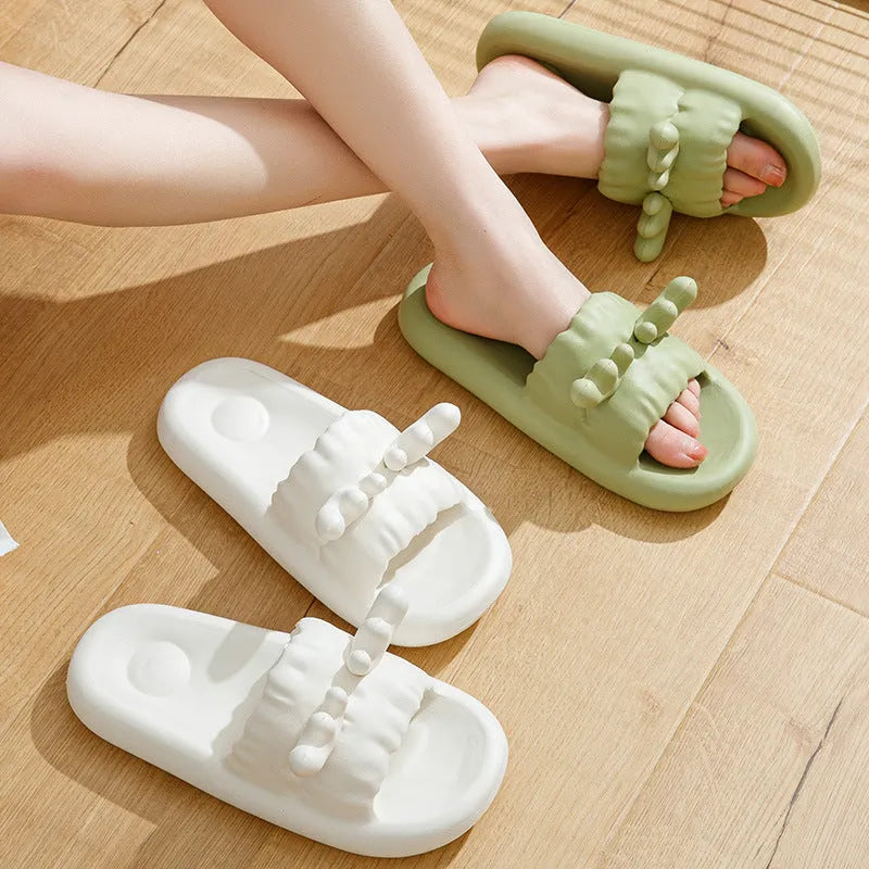 Cute deer horn design flip flop slippers in light yellow with a breathable hollow out EVA upper.