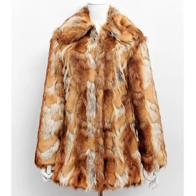 Women's tiger pattern faux fur leather jacket in a slim, medium-length street fashion style.
