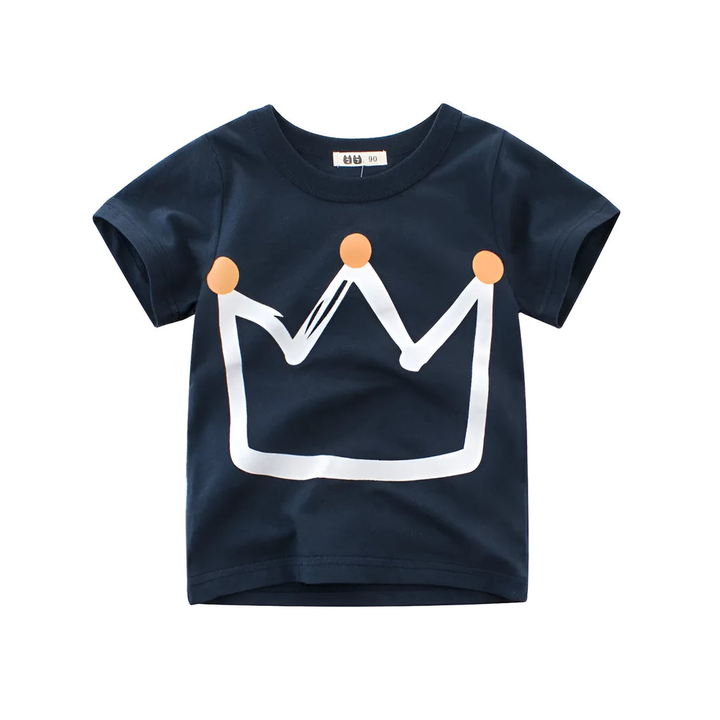 Boys' royal blue short sleeve cotton T-shirt on a hanger with a size chart visible.