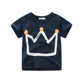 Boys' royal blue short sleeve cotton T-shirt on a hanger with a size chart visible.