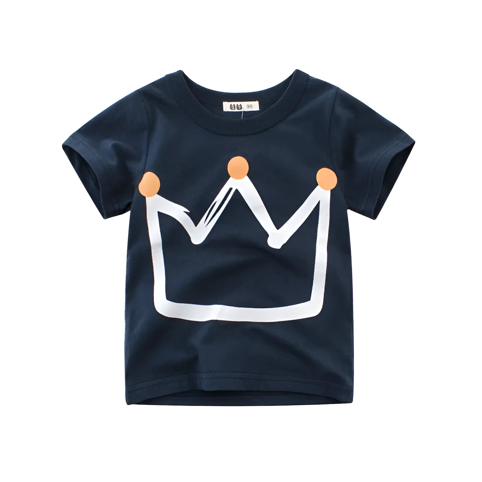 Boys' royal blue short sleeve cotton T-shirt on a hanger with a size chart visible.