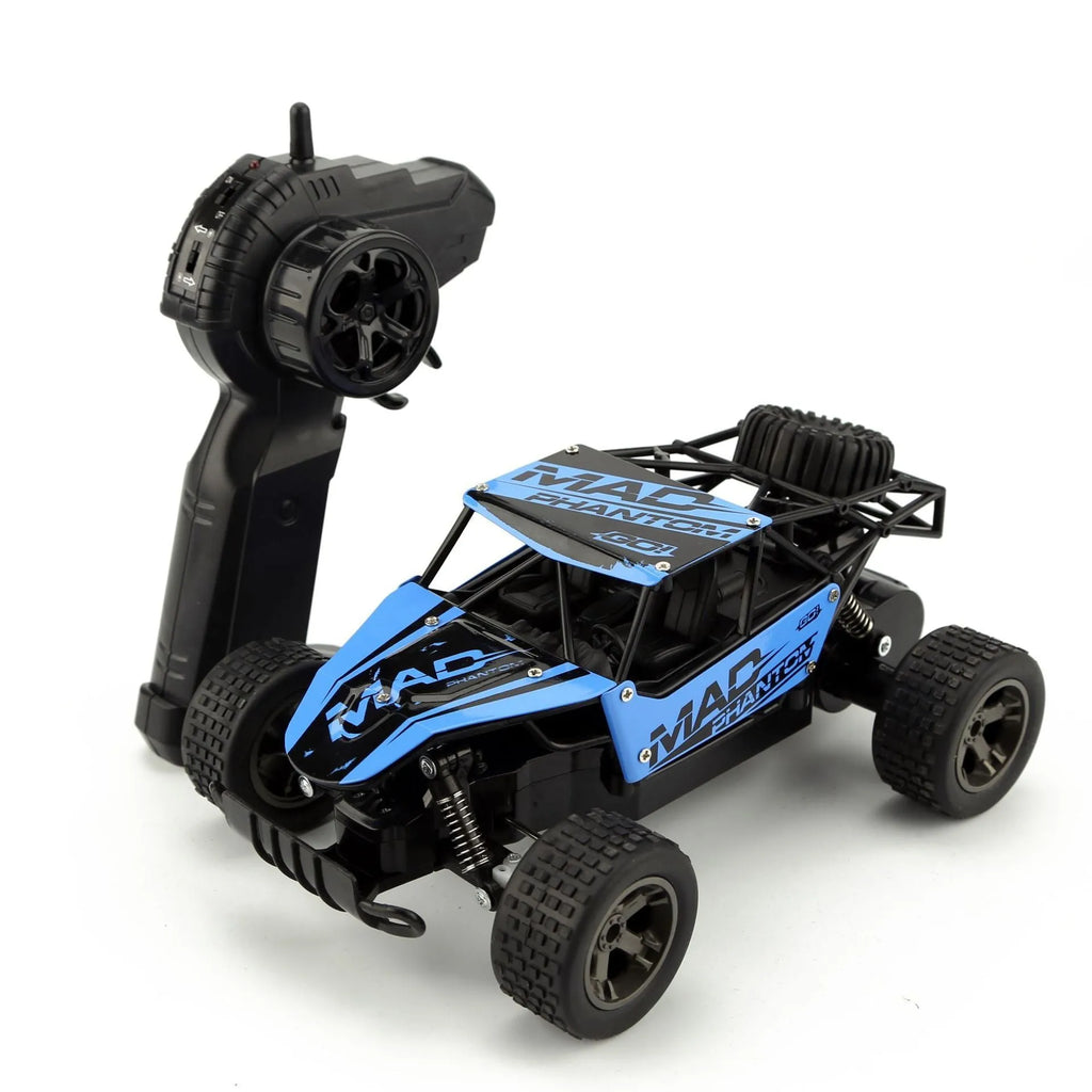 Blue and yellow 1:18 scale remote control drift car with 2.4G remote on a surface