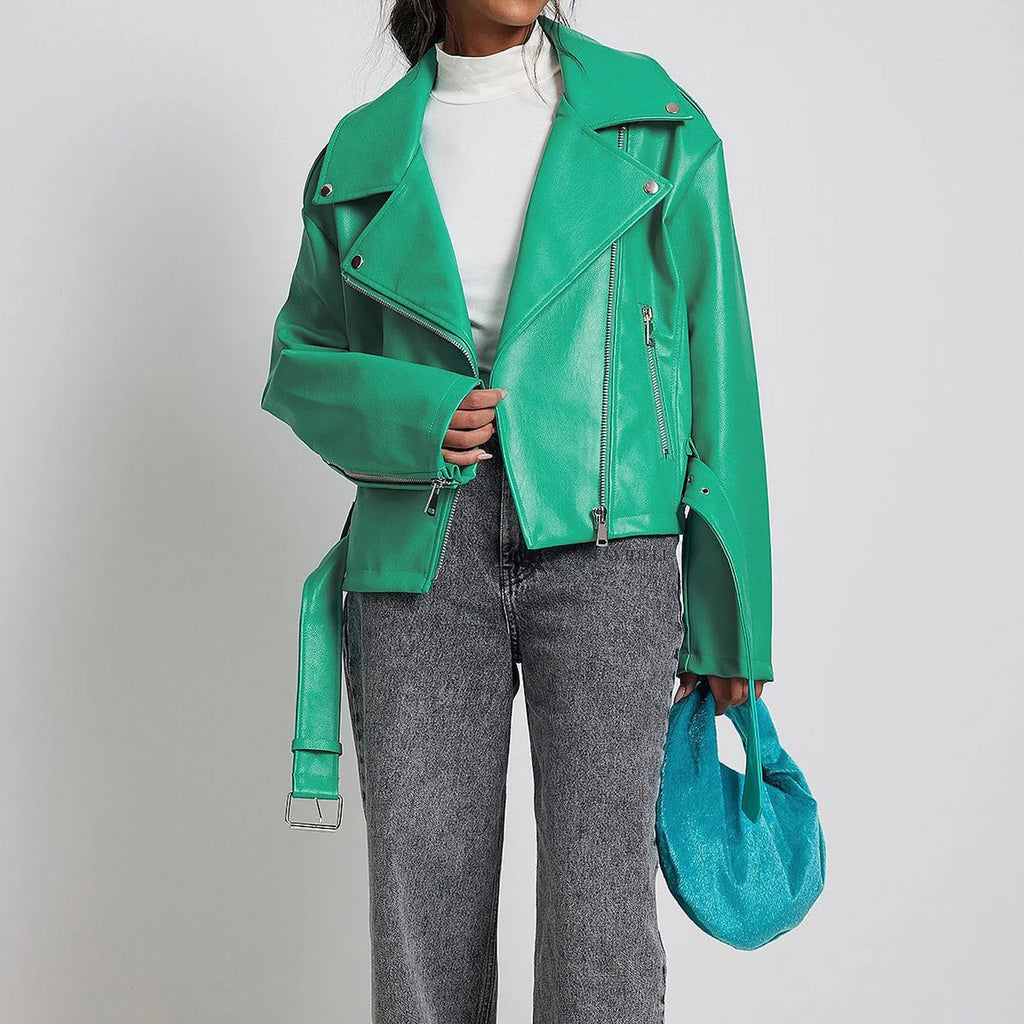 Punk-style short belt lapel jacket in polyester fibre leather, available in black, blue, and green.