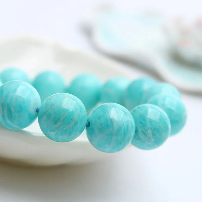 Natural amazonite bead bracelet on wrist showing stone colour and bead sizing