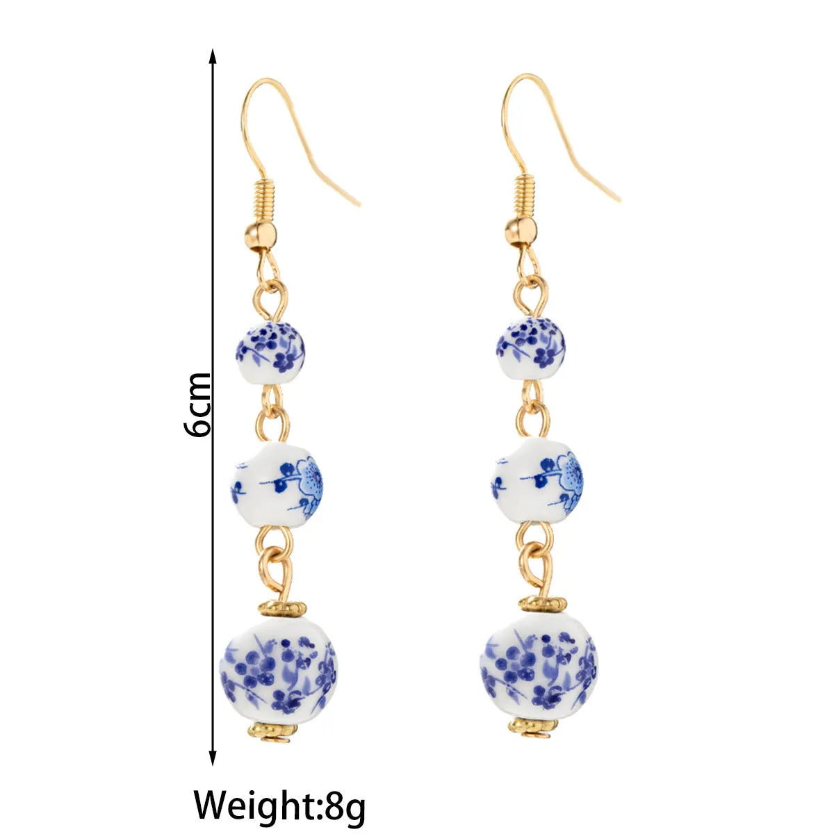 Blue and white porcelain ceramic bead long retro earrings with alloy construction and geometric design